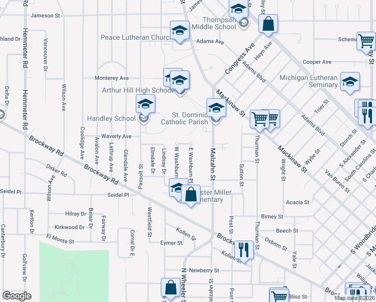 map of restaurants, bars, coffee shops, grocery stores, and more near 1135 East Washburn Place in Saginaw