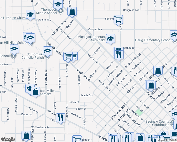 map of restaurants, bars, coffee shops, grocery stores, and more near 254 Lockwood Street in Saginaw