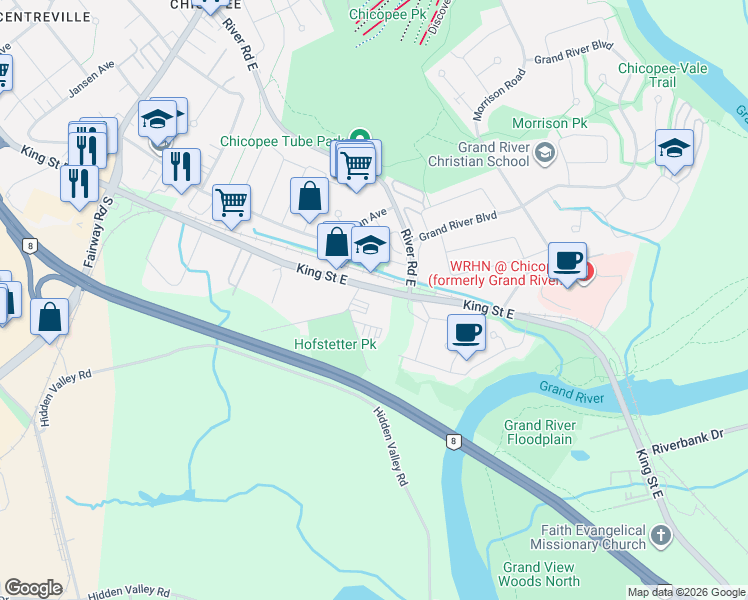 map of restaurants, bars, coffee shops, grocery stores, and more near 15 Hofstetter Avenue in Kitchener