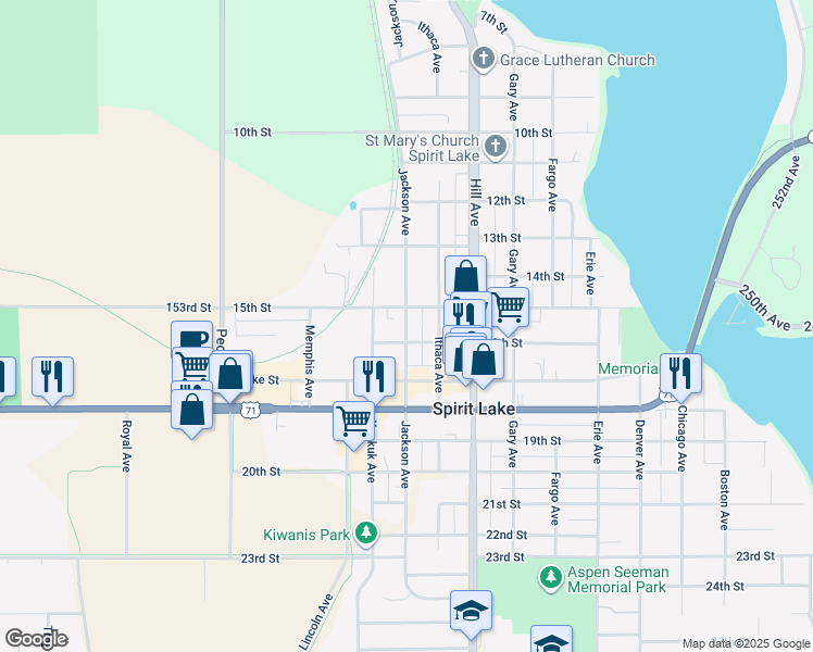 map of restaurants, bars, coffee shops, grocery stores, and more near 1501 Jackson Avenue in Spirit Lake
