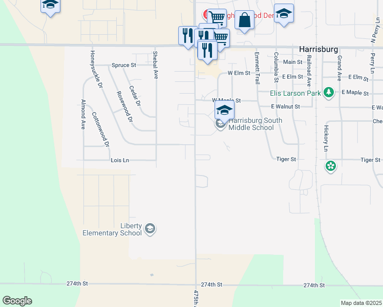 map of restaurants, bars, coffee shops, grocery stores, and more near 311 475th Avenue in Harrisburg