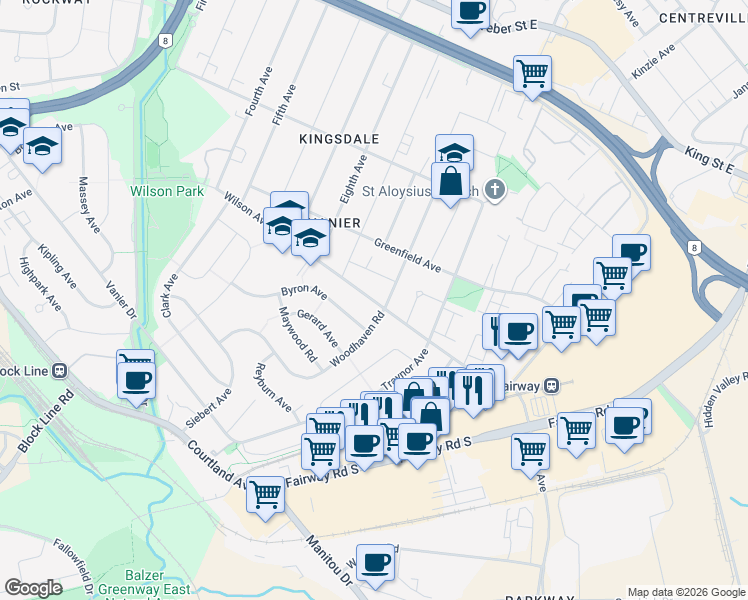 map of restaurants, bars, coffee shops, grocery stores, and more near 300 Wilson Avenue in Kitchener