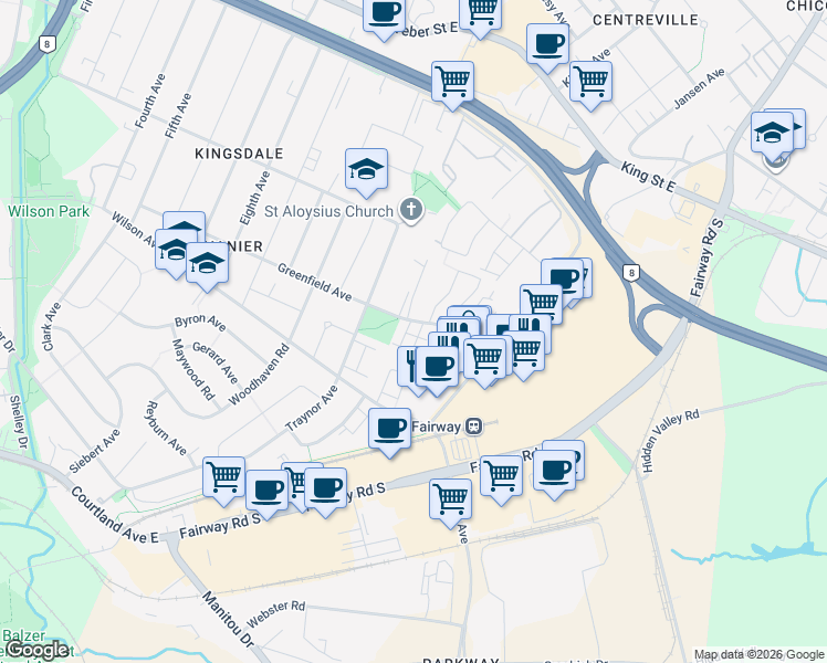 map of restaurants, bars, coffee shops, grocery stores, and more near 565 Greenfield Avenue in Kitchener
