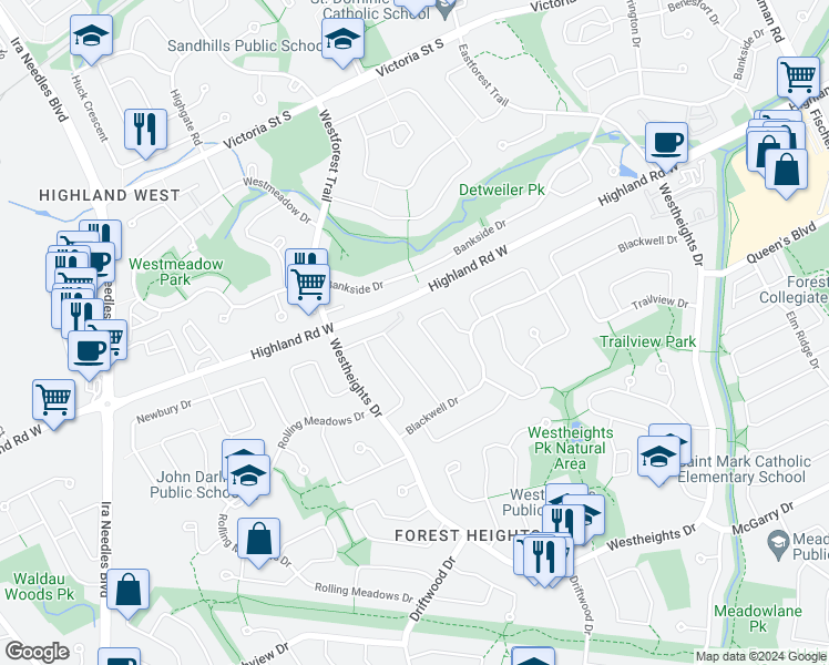 map of restaurants, bars, coffee shops, grocery stores, and more near 86 High Acres Crescent in Kitchener