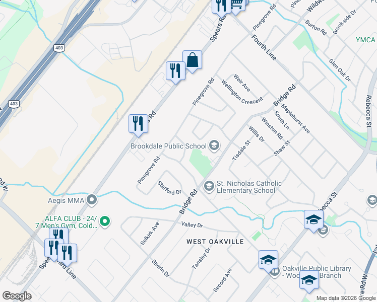 map of restaurants, bars, coffee shops, grocery stores, and more near 557 Stonecliffe Road in Oakville
