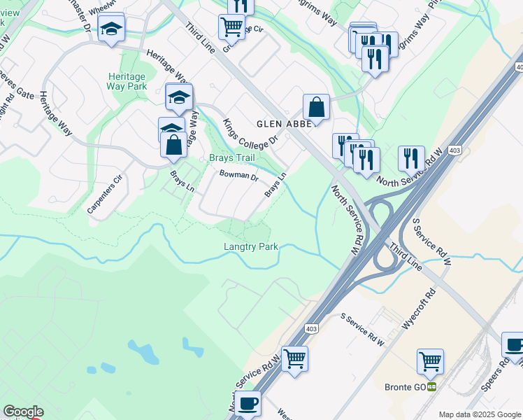 map of restaurants, bars, coffee shops, grocery stores, and more near 2142 Brays Lane in Oakville