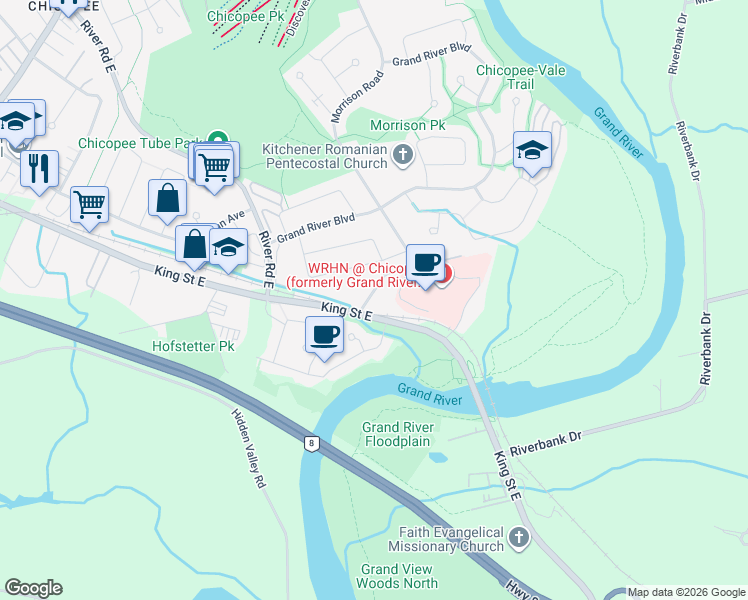 map of restaurants, bars, coffee shops, grocery stores, and more near 7 Morrison Road in Kitchener