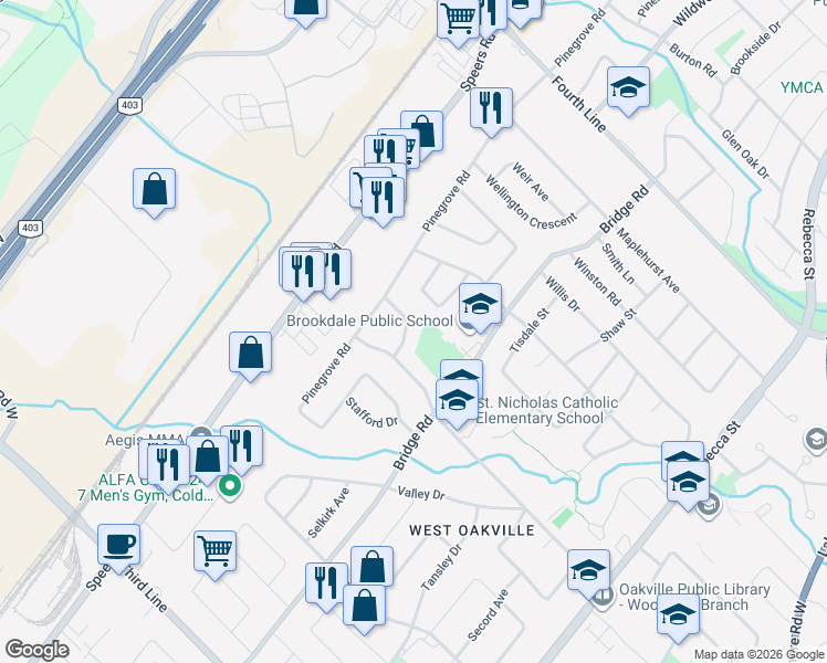 map of restaurants, bars, coffee shops, grocery stores, and more near 557 Stonecliffe Road in Oakville