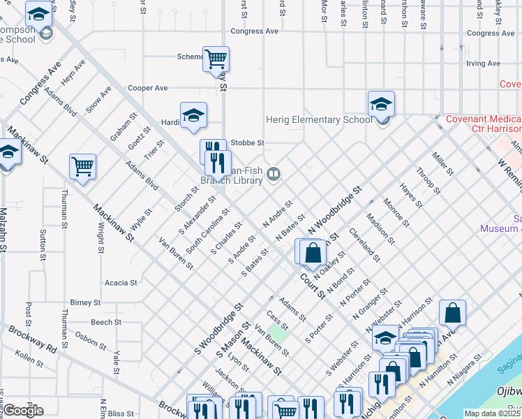 map of restaurants, bars, coffee shops, grocery stores, and more near 122 North Charles Street in Saginaw