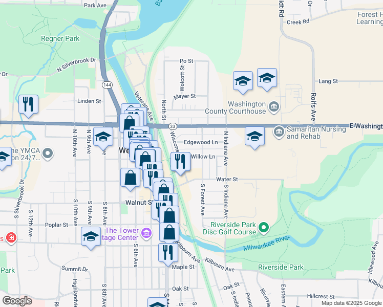 map of restaurants, bars, coffee shops, grocery stores, and more near 134 Willow Lane in West Bend