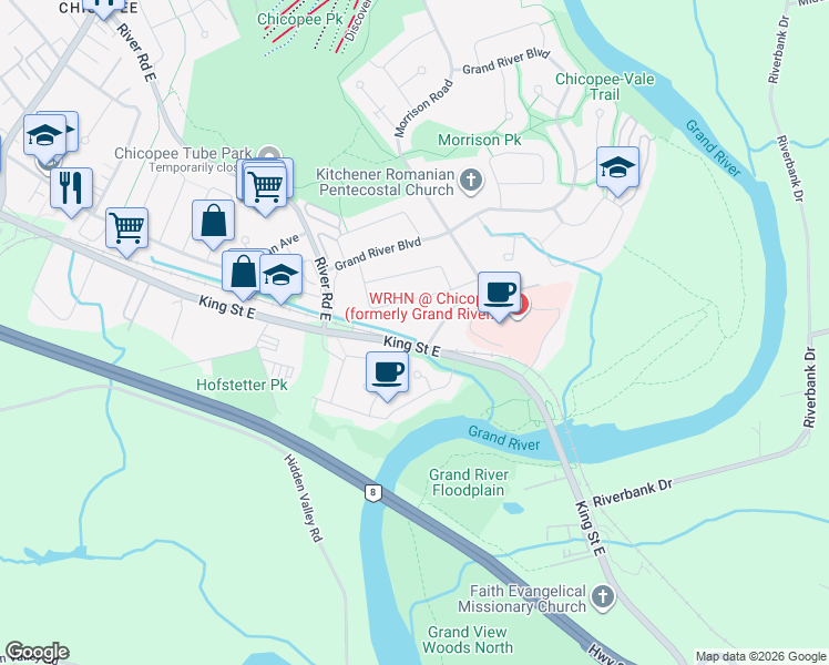 map of restaurants, bars, coffee shops, grocery stores, and more near 6 Morrison Road in Kitchener