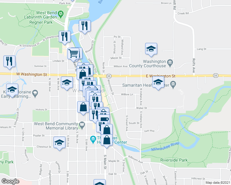 map of restaurants, bars, coffee shops, grocery stores, and more near 112 Willow Lane in West Bend