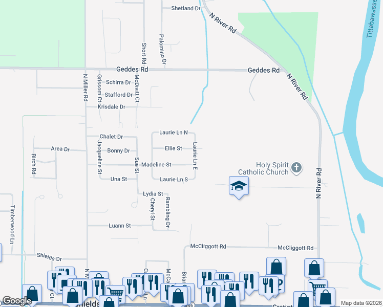 map of restaurants, bars, coffee shops, grocery stores, and more near 7559 Ellie Street in Saginaw
