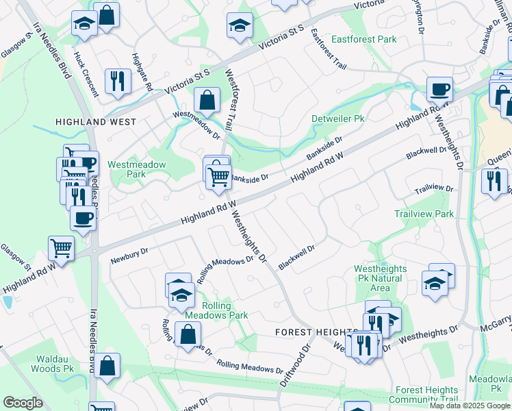 map of restaurants, bars, coffee shops, grocery stores, and more near 30 West Acres Crescent in Kitchener