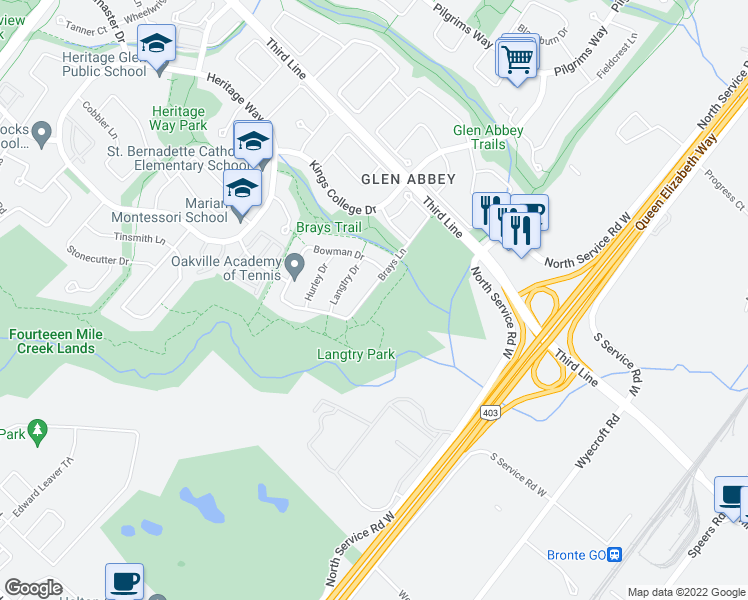 map of restaurants, bars, coffee shops, grocery stores, and more near 2138 Brays Lane in Oakville