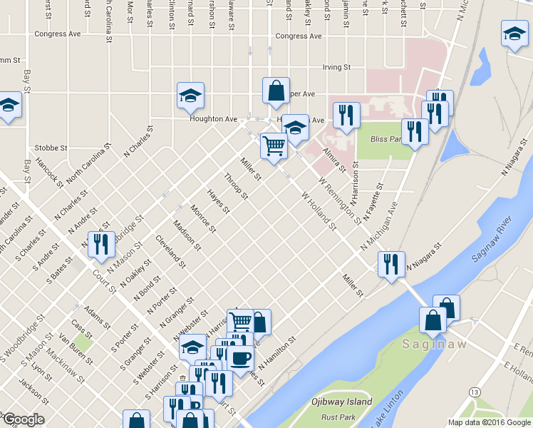 map of restaurants, bars, coffee shops, grocery stores, and more near 918 Throop St in Saginaw