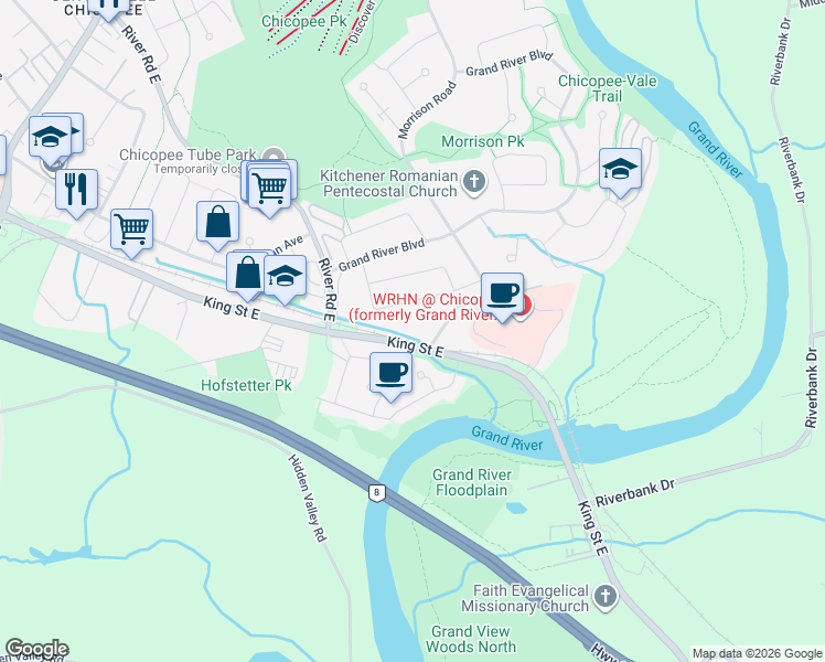 map of restaurants, bars, coffee shops, grocery stores, and more near 6 Morrison Road in Kitchener