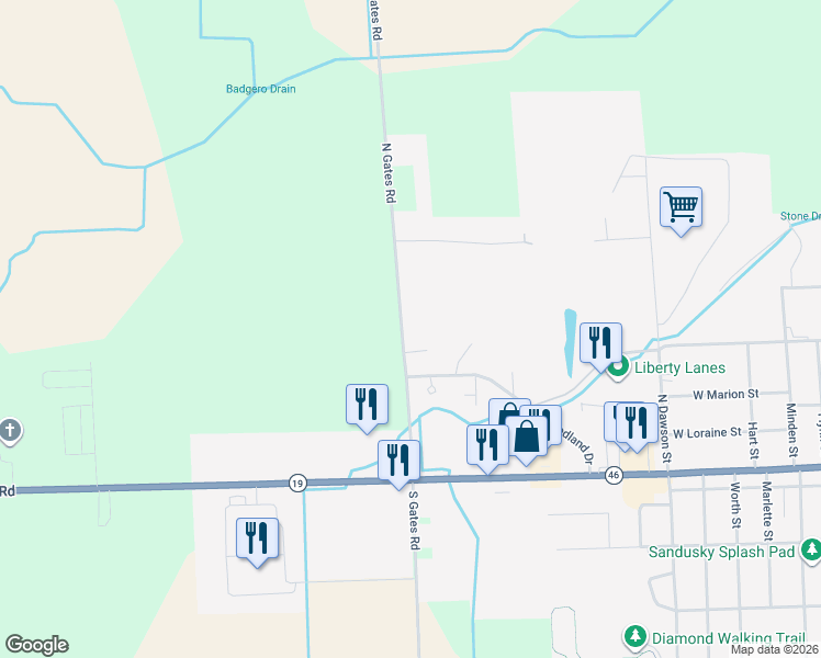 map of restaurants, bars, coffee shops, grocery stores, and more near 492 Wedgeway Court in Sandusky
