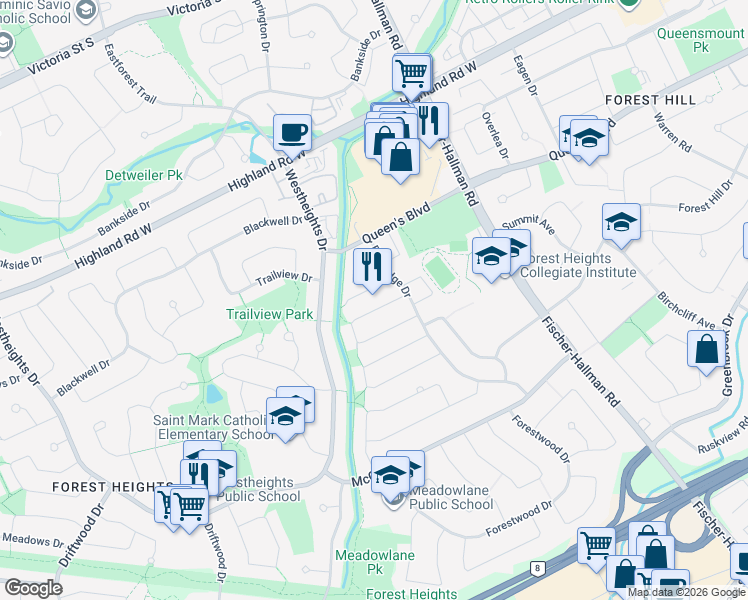 map of restaurants, bars, coffee shops, grocery stores, and more near 139 Hillbrook Crescent in Kitchener