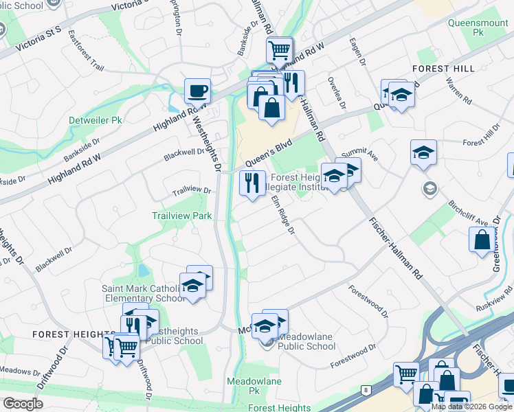 map of restaurants, bars, coffee shops, grocery stores, and more near 143 Hillbrook Crescent in Kitchener