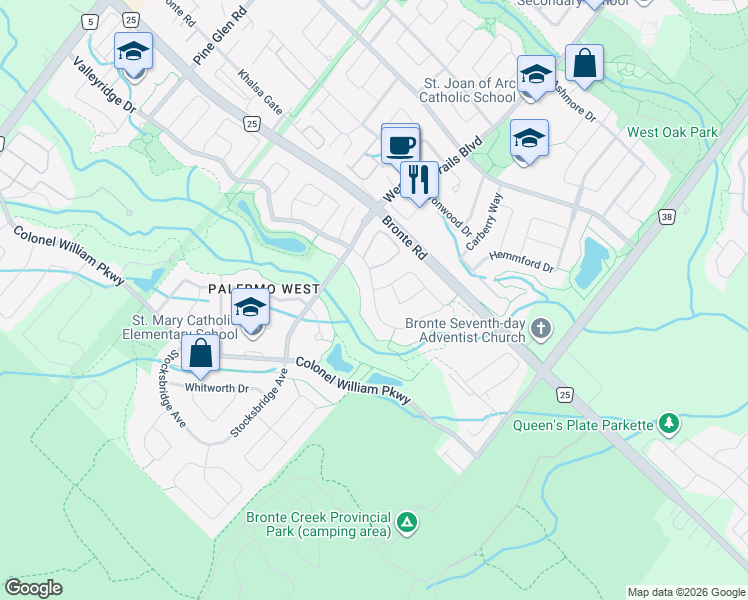 map of restaurants, bars, coffee shops, grocery stores, and more near 3074 Ingleton Lane in Oakville