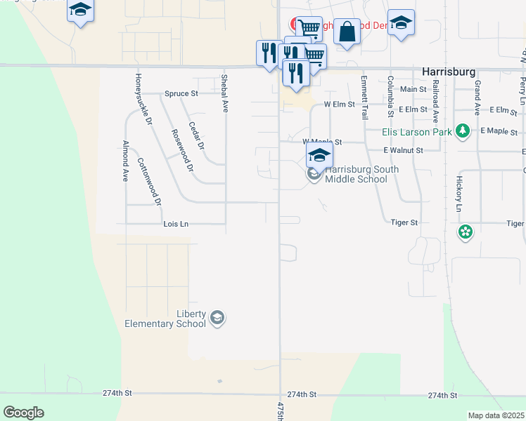 map of restaurants, bars, coffee shops, grocery stores, and more near 311 475th Avenue in Harrisburg
