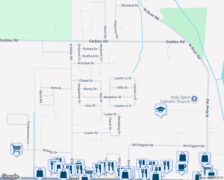 map of restaurants, bars, coffee shops, grocery stores, and more near 7699 Ellie Street in Saginaw