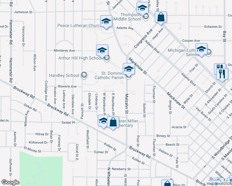 map of restaurants, bars, coffee shops, grocery stores, and more near 1135 East Washburn Place in Saginaw
