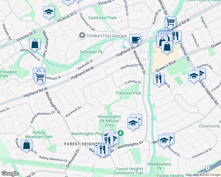 map of restaurants, bars, coffee shops, grocery stores, and more near 30 Lanark Crescent in Kitchener