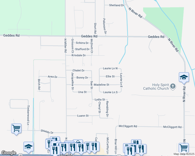map of restaurants, bars, coffee shops, grocery stores, and more near 7699 Ellie Street in Saginaw