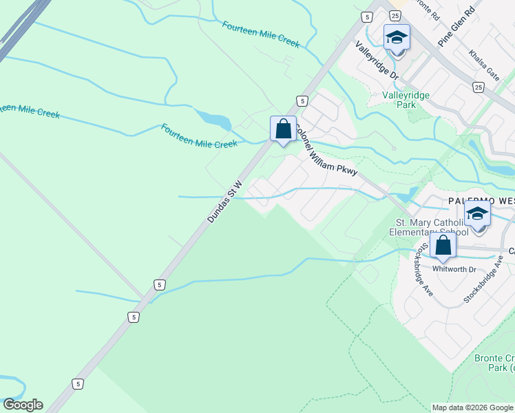 map of restaurants, bars, coffee shops, grocery stores, and more near 2350 Natasha Circle in Oakville