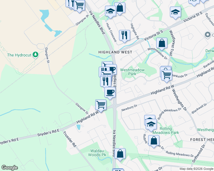 map of restaurants, bars, coffee shops, grocery stores, and more near 235 Ira Needles Boulevard in Kitchener