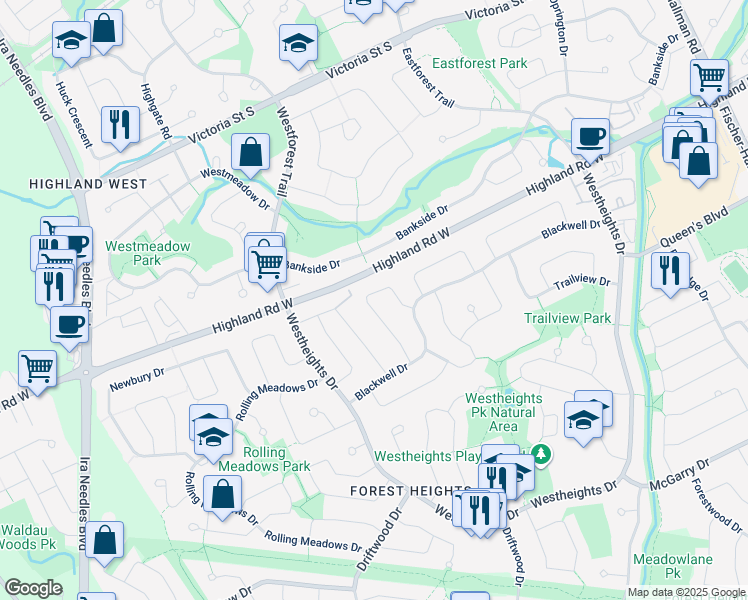 map of restaurants, bars, coffee shops, grocery stores, and more near 86 High Acres Crescent in Kitchener