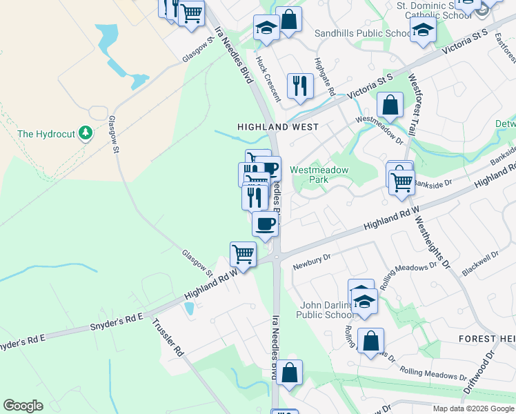 map of restaurants, bars, coffee shops, grocery stores, and more near in Kitchener