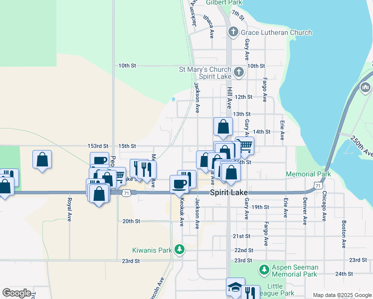 map of restaurants, bars, coffee shops, grocery stores, and more near 1501-1599 Keokuk Avenue in Spirit Lake