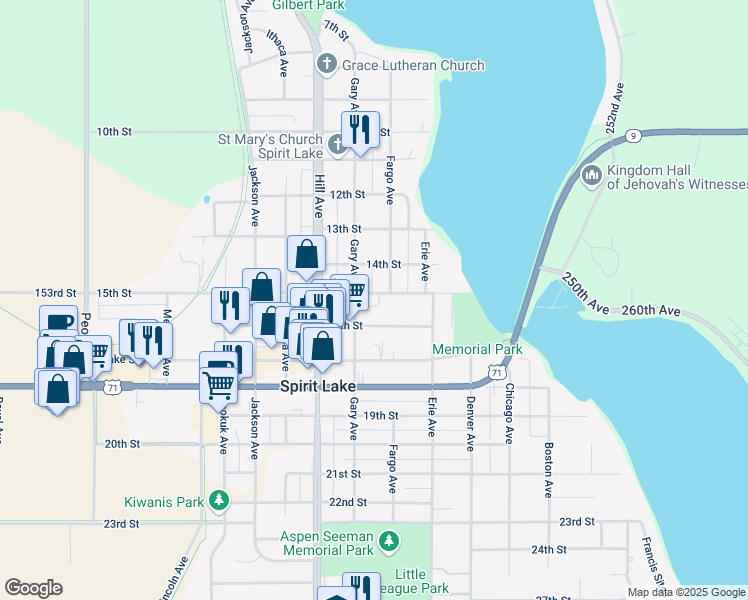 map of restaurants, bars, coffee shops, grocery stores, and more near 607 15th Street in Spirit Lake