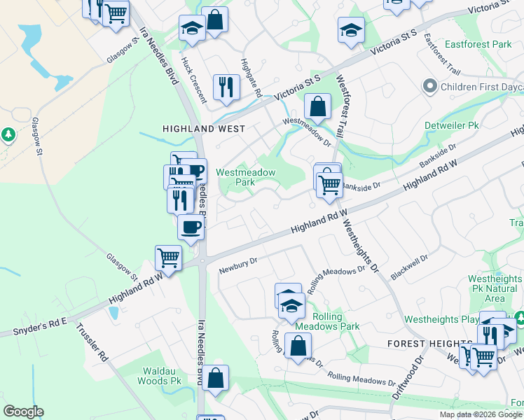 map of restaurants, bars, coffee shops, grocery stores, and more near 1430 Highland Road West in Kitchener