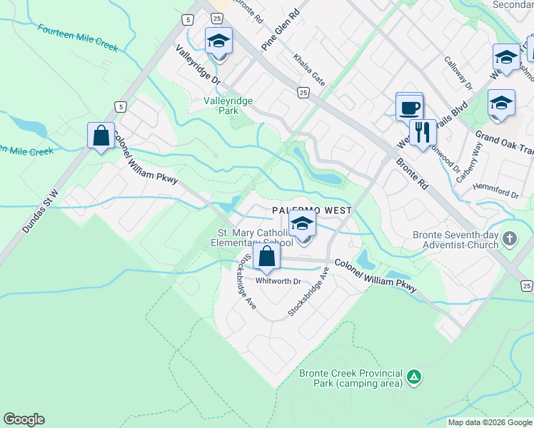 map of restaurants, bars, coffee shops, grocery stores, and more near 2275 Littondale Lane in Oakville