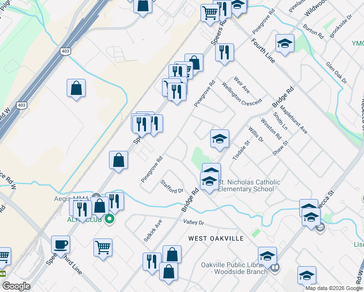 map of restaurants, bars, coffee shops, grocery stores, and more near 564 Stonecliffe Road in Oakville