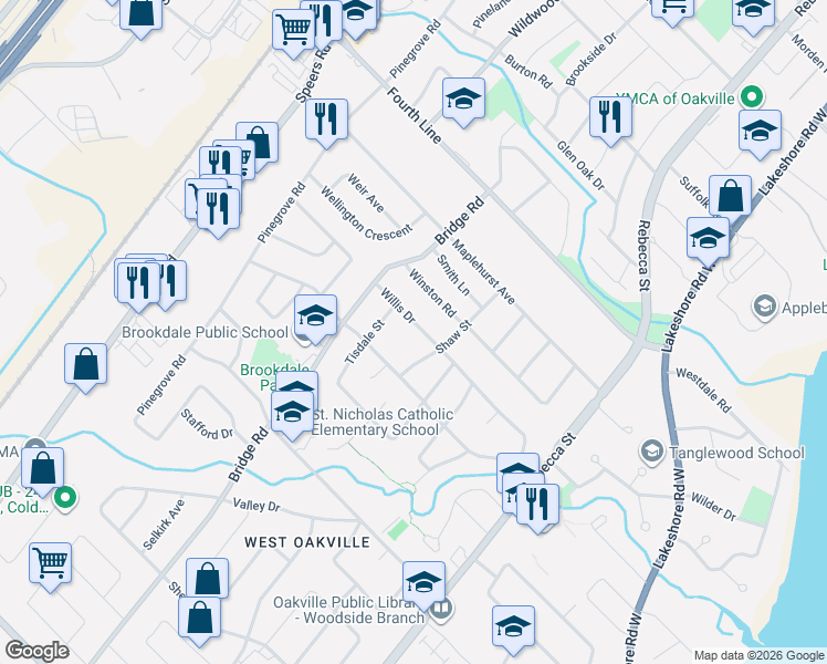 map of restaurants, bars, coffee shops, grocery stores, and more near 446 Willis Drive in Oakville