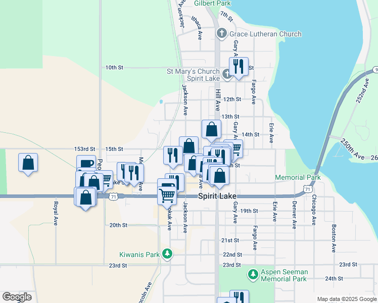map of restaurants, bars, coffee shops, grocery stores, and more near 1501 Jackson Avenue in Spirit Lake