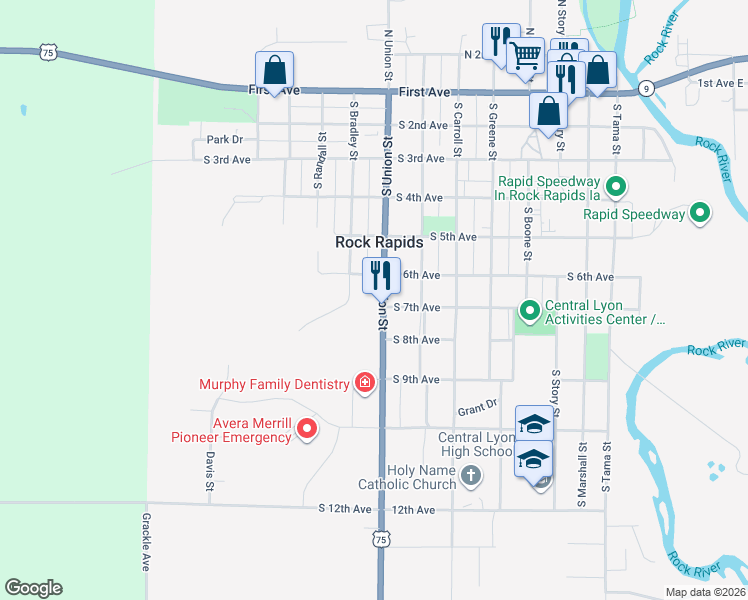 map of restaurants, bars, coffee shops, grocery stores, and more near 702 South Union Street in Rock Rapids