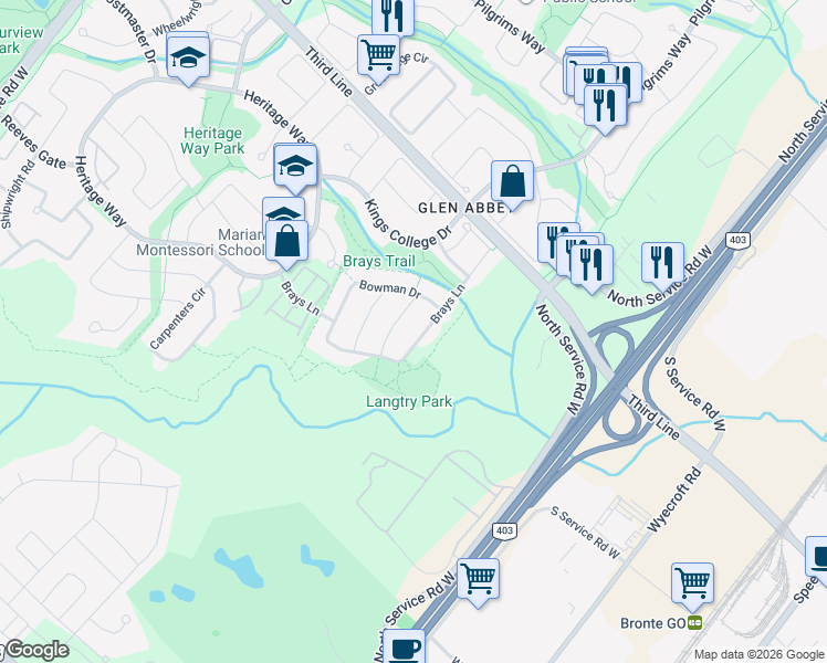 map of restaurants, bars, coffee shops, grocery stores, and more near 2139 Brays Lane in Oakville
