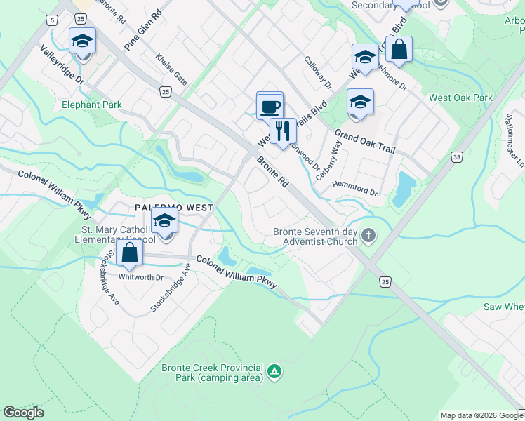 map of restaurants, bars, coffee shops, grocery stores, and more near 3082 Ingleton Lane in Oakville
