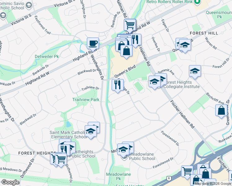 map of restaurants, bars, coffee shops, grocery stores, and more near 139 Hillbrook Crescent in Kitchener
