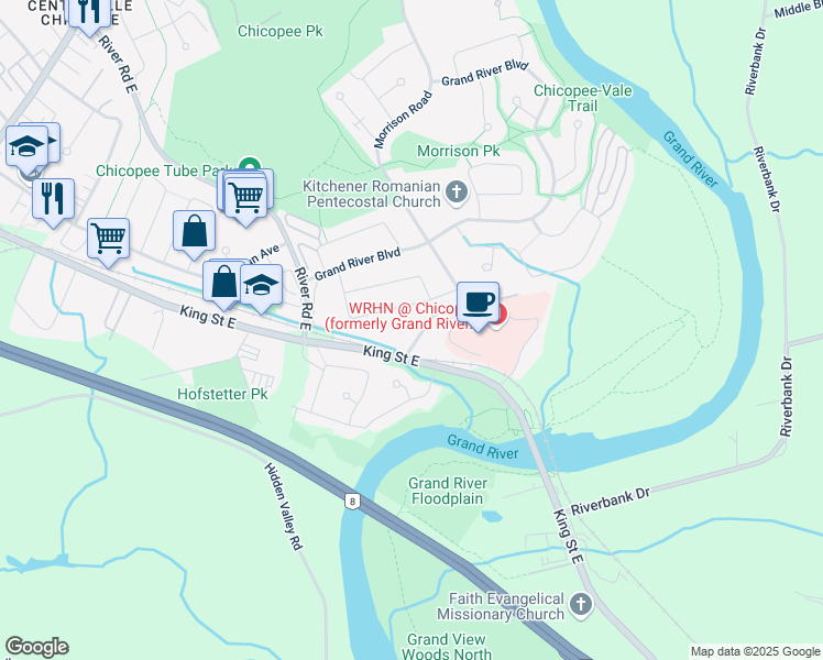 map of restaurants, bars, coffee shops, grocery stores, and more near 24 Morrison Road in Kitchener
