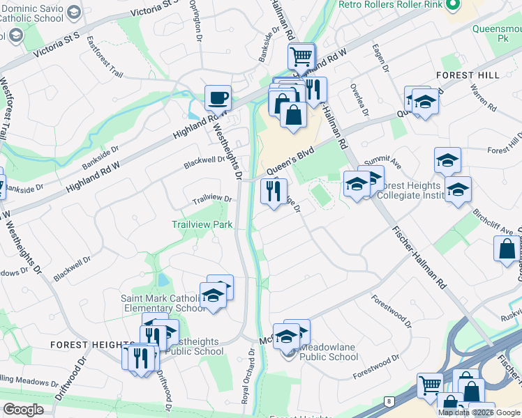 map of restaurants, bars, coffee shops, grocery stores, and more near 175 Elm Ridge Drive in Kitchener