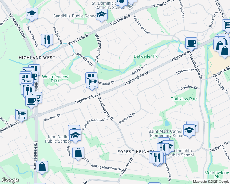 map of restaurants, bars, coffee shops, grocery stores, and more near 42 West Acres Crescent in Kitchener
