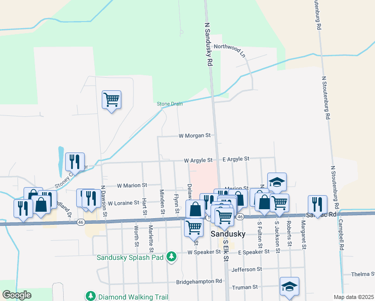 map of restaurants, bars, coffee shops, grocery stores, and more near 70 West Argyle Street in Sandusky