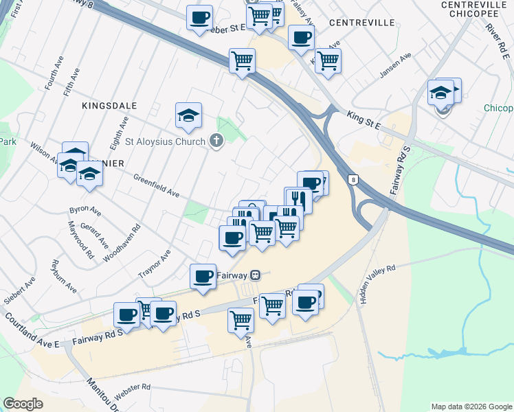 map of restaurants, bars, coffee shops, grocery stores, and more near 600 Greenfield Avenue in Kitchener